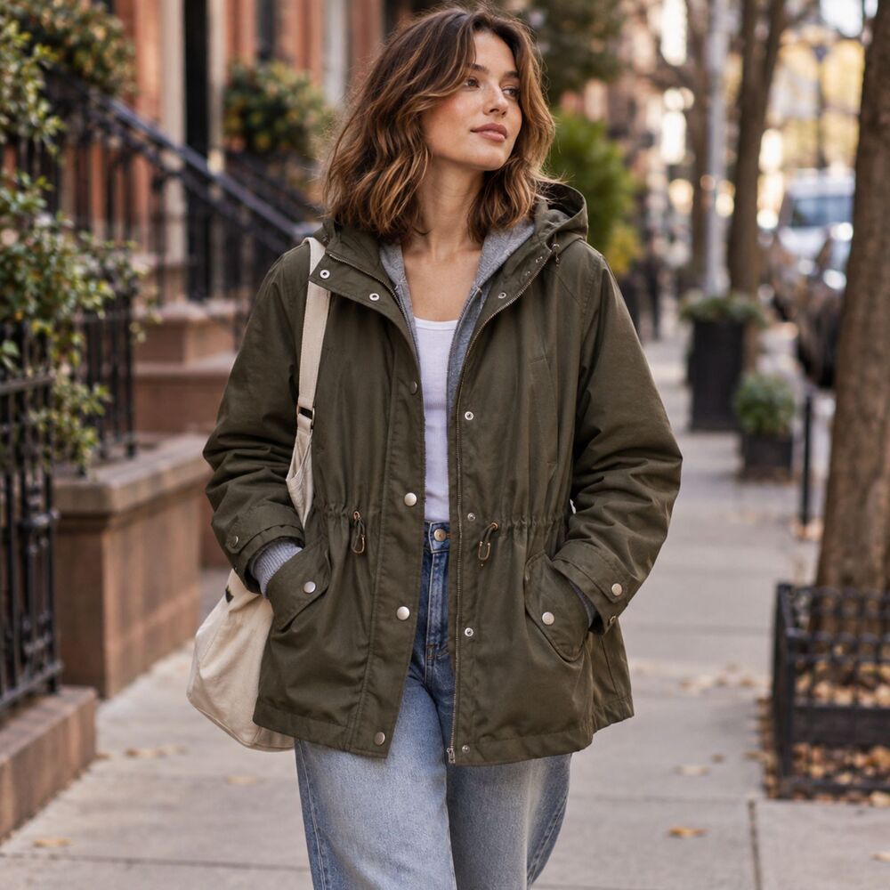 Women's Utility Parka Jacket XL Dark Olive Hooded Drawstring Giacca Gorpcore